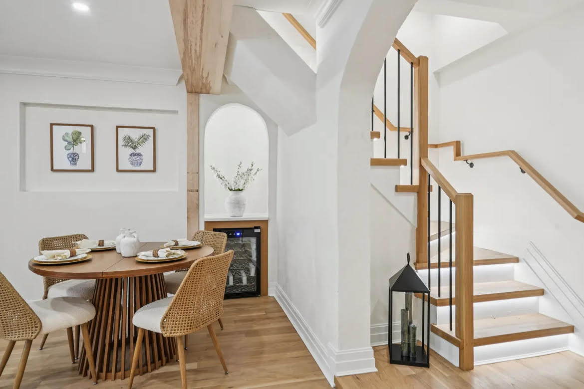 A modern dining area with sleek furniture and contemporary decor.